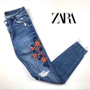 Zara Flower Embroidered Distressed Skinny Jeans 8